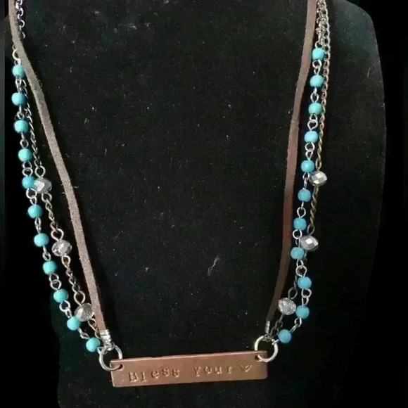 Plunder Jewelry - Plunder Bless Your Heart ❤️ bar pendant. Turquoise beads sliver and bronze tone